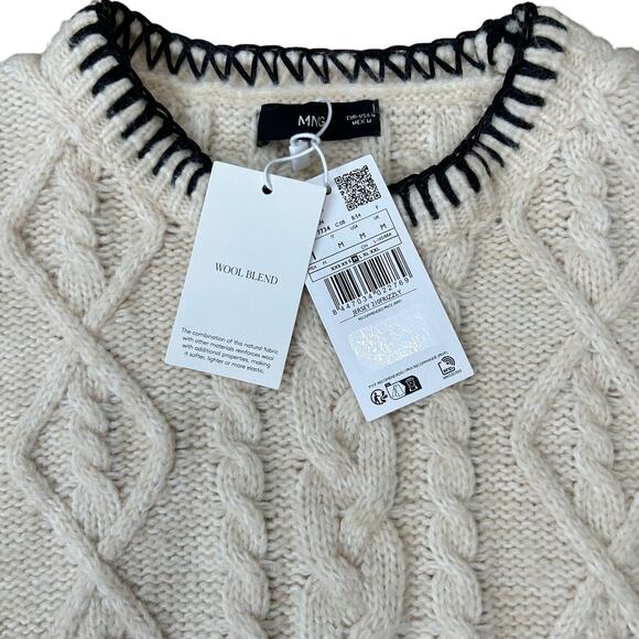 MNG Mango Cable Knit Pullover with Contrasting Trim Wmns Size Medium Wool Blend - Picture 8 of 16